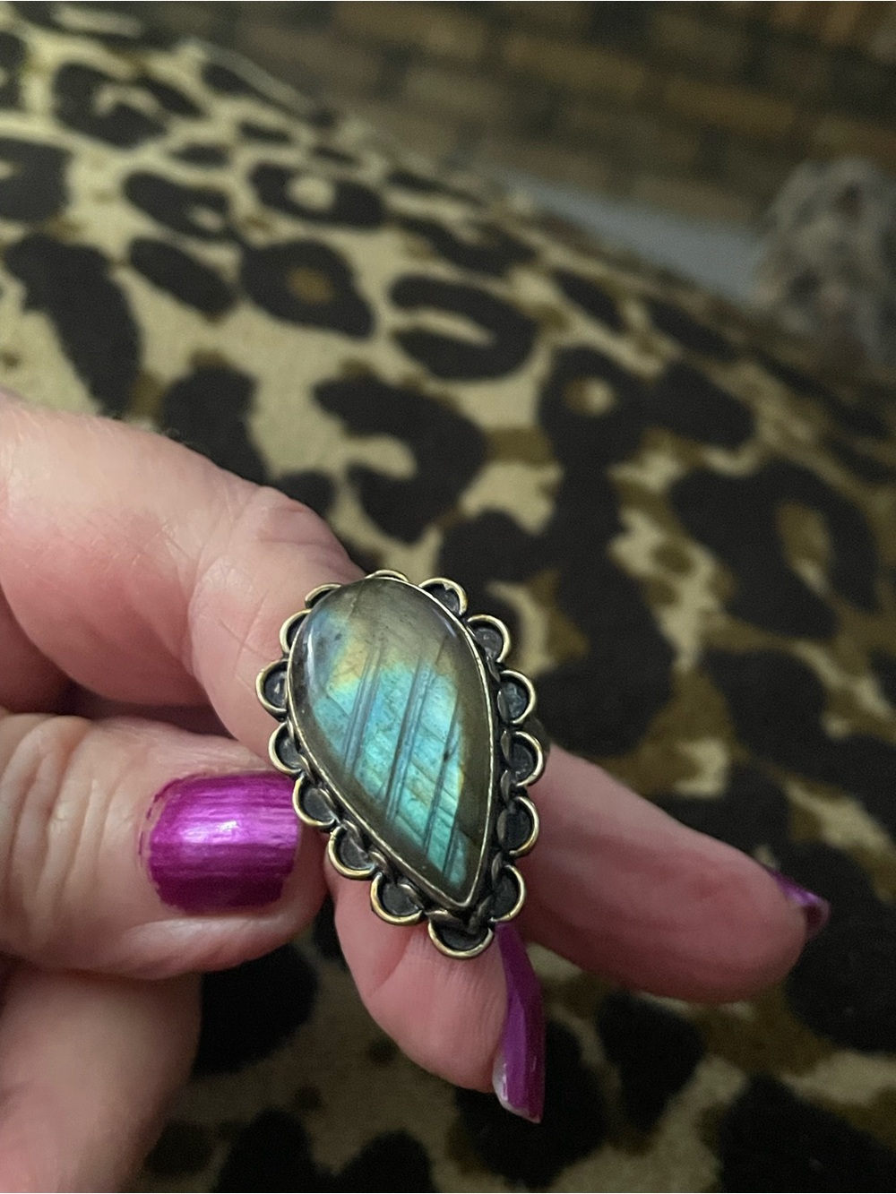 New Labradorite Teardrop Silver-Accent Ring - Blue-Green Flash 925 sterling